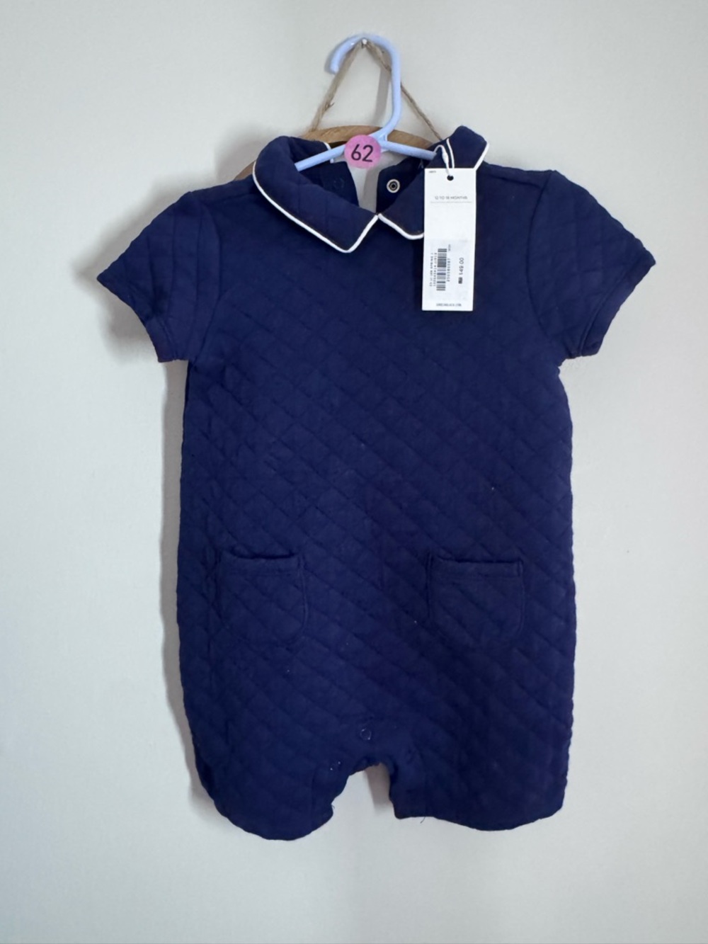 Janie and jack Navy Quilted Baby Romper with White Piping Collar 12-18 m nwt